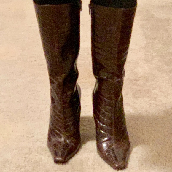 Via Spiga Croc Embossed Brown Leather Boots - Picture 4 of 8